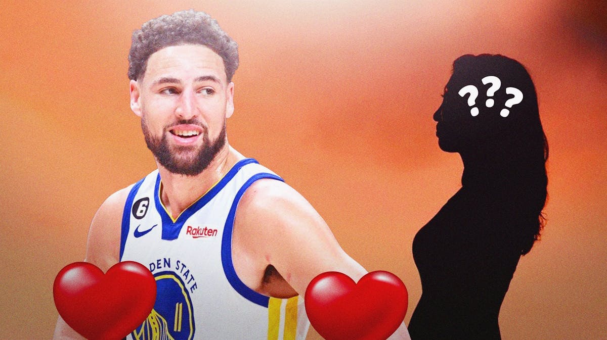 Klay Thompson with a silhouette of a woman with hearts and question marks