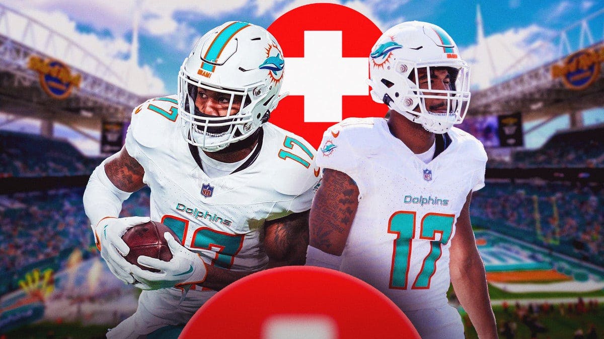Miami Dolphins WR Jaylen Waddle with the medical cross symbol in the background.