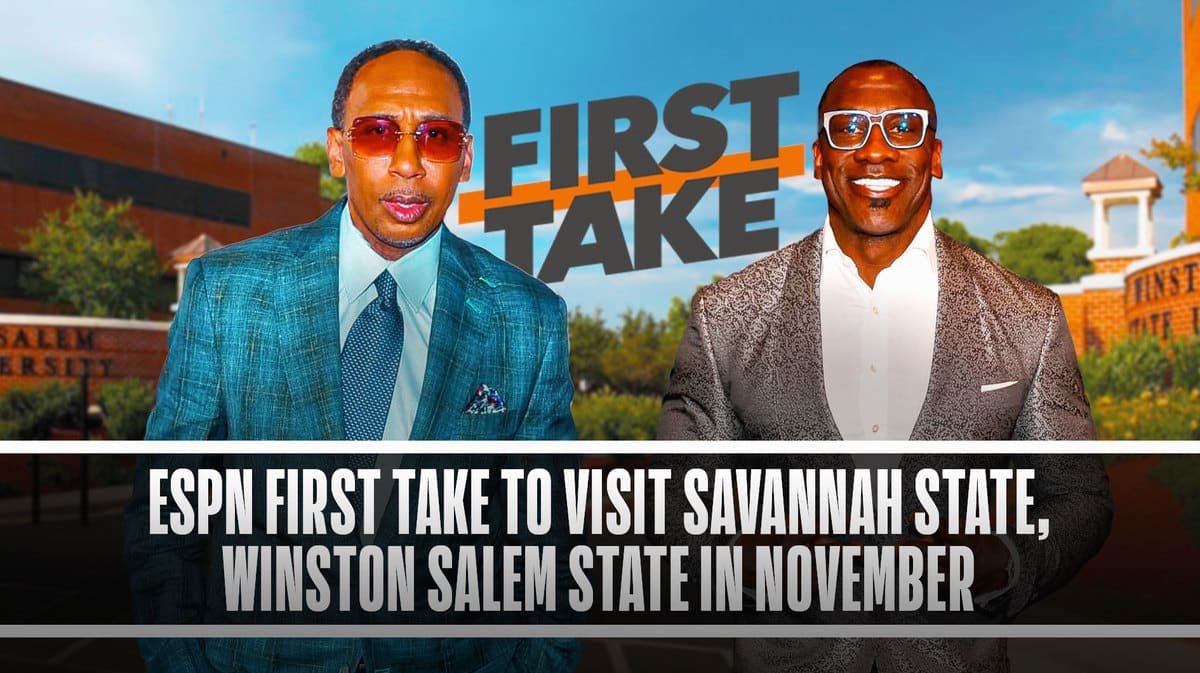 Stephen A. Smith, Shannon Sharpe, First Take logo, Winston-Salem State in the background