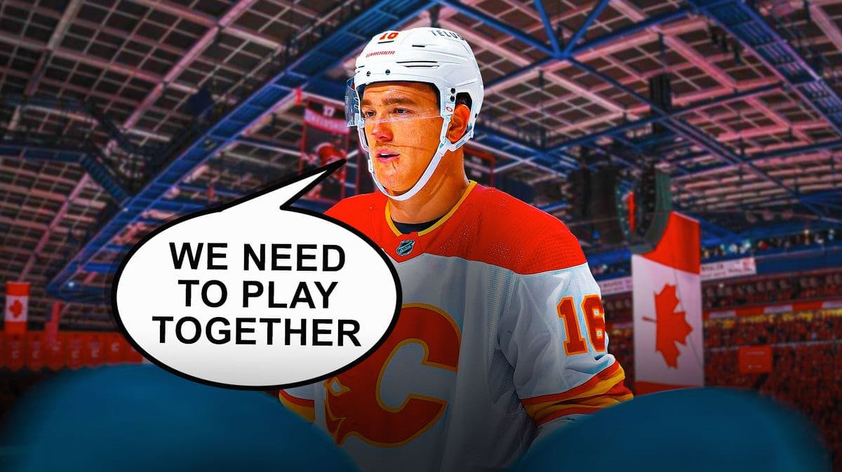 Nikita Zadorov in a Flames jersey with a caption bubble saying “We need to play together”