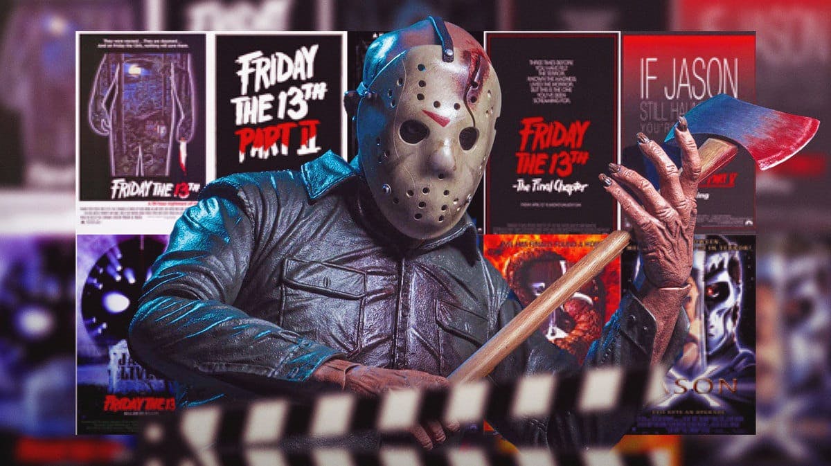 Jason Voorhees holding an ax with Friday the 13th movie posters in the background.