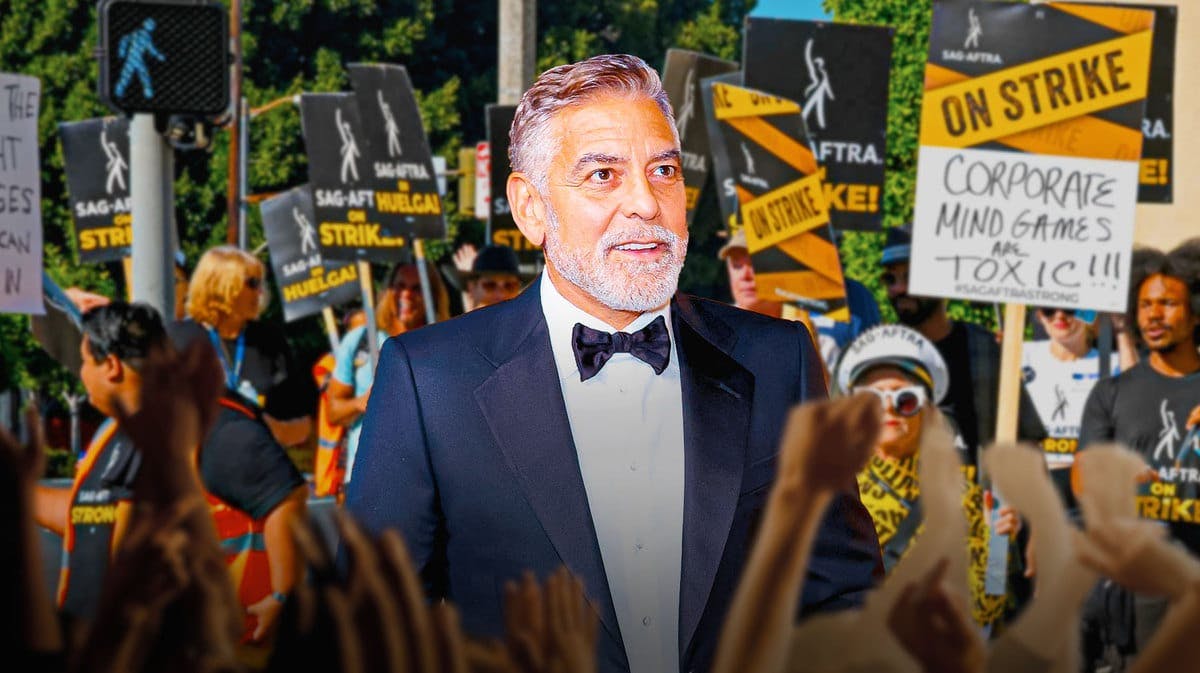 George Clooney surrounded by SAG-AFTRA strike.