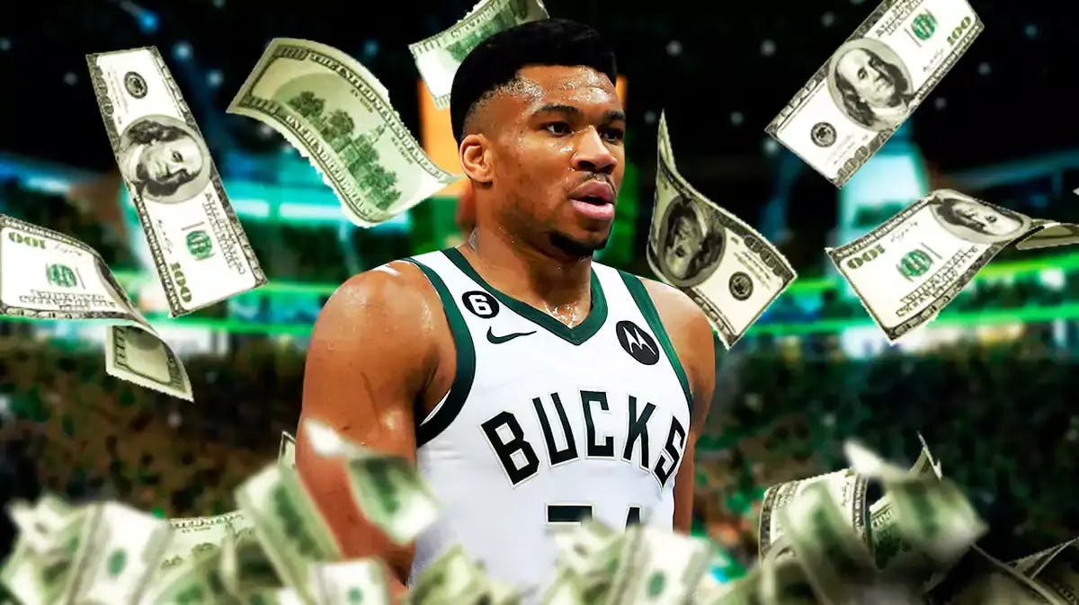 Giannis Antetokounmpo surrounded by piles of cash.