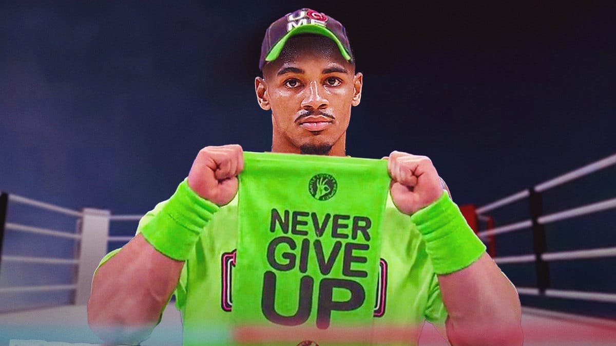 Hawks' Dejounte Murray as John Cena holding a Never Give Up towel