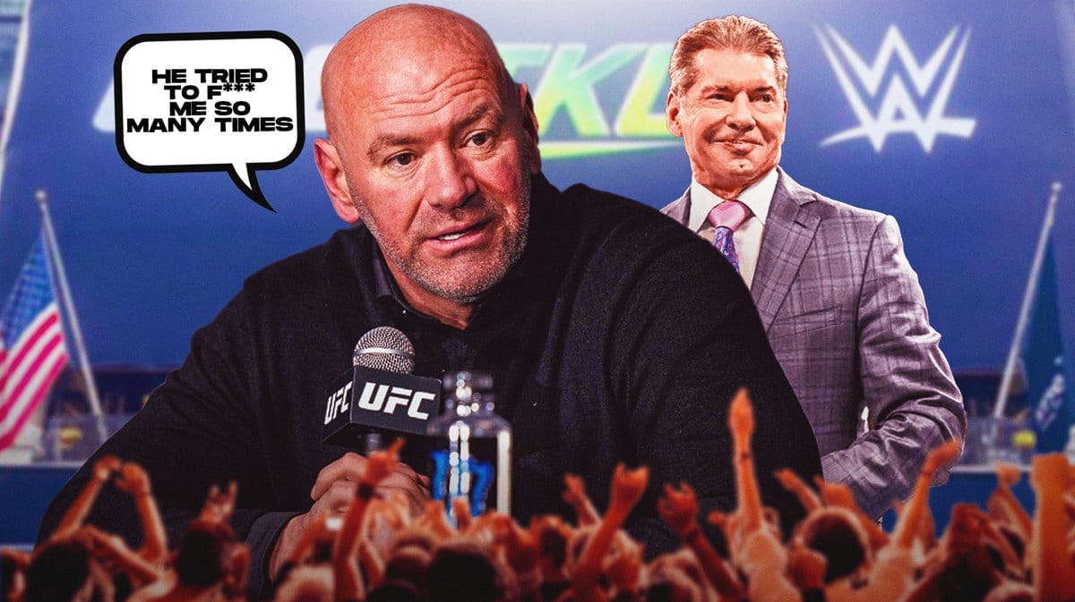 Dana white with a text bubble reading “He tried to f*** me so many times” next to Vince McMahon with the TKO graphic as the background.