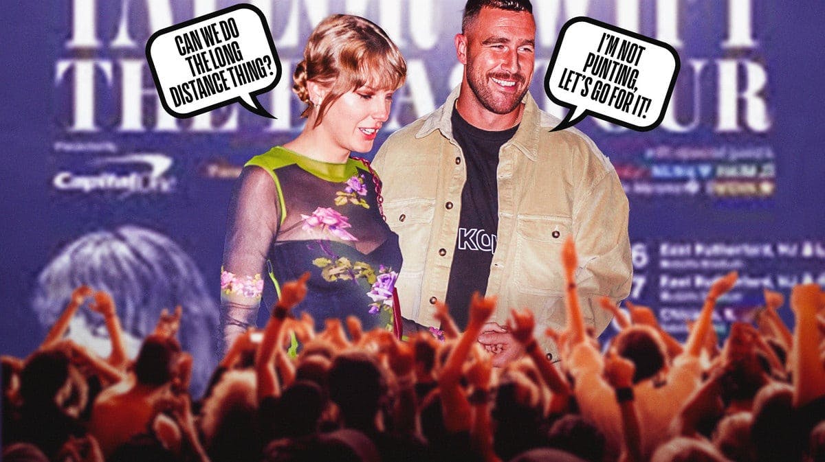 Travis Kelce and Taylor Swift standing in front of a backdrop for her The Eras Tour concert poster