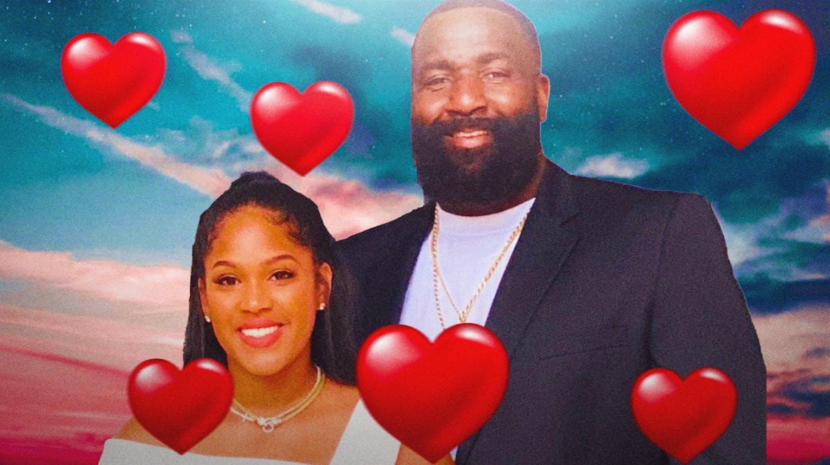 Kendrick Perkins and his wife Vanity Alpough surrounded by hearts.