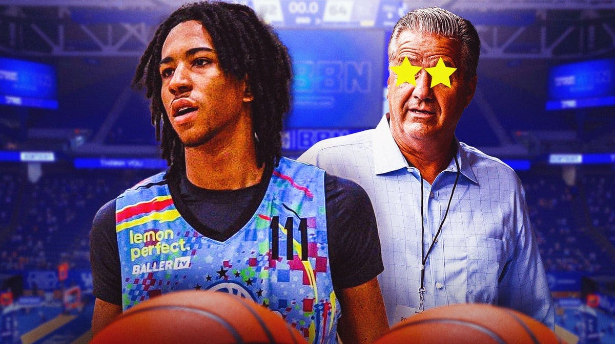 Kentucky's John Calipari with stars in his eyes looking at Boogie Fland. Background is Rupp Arena