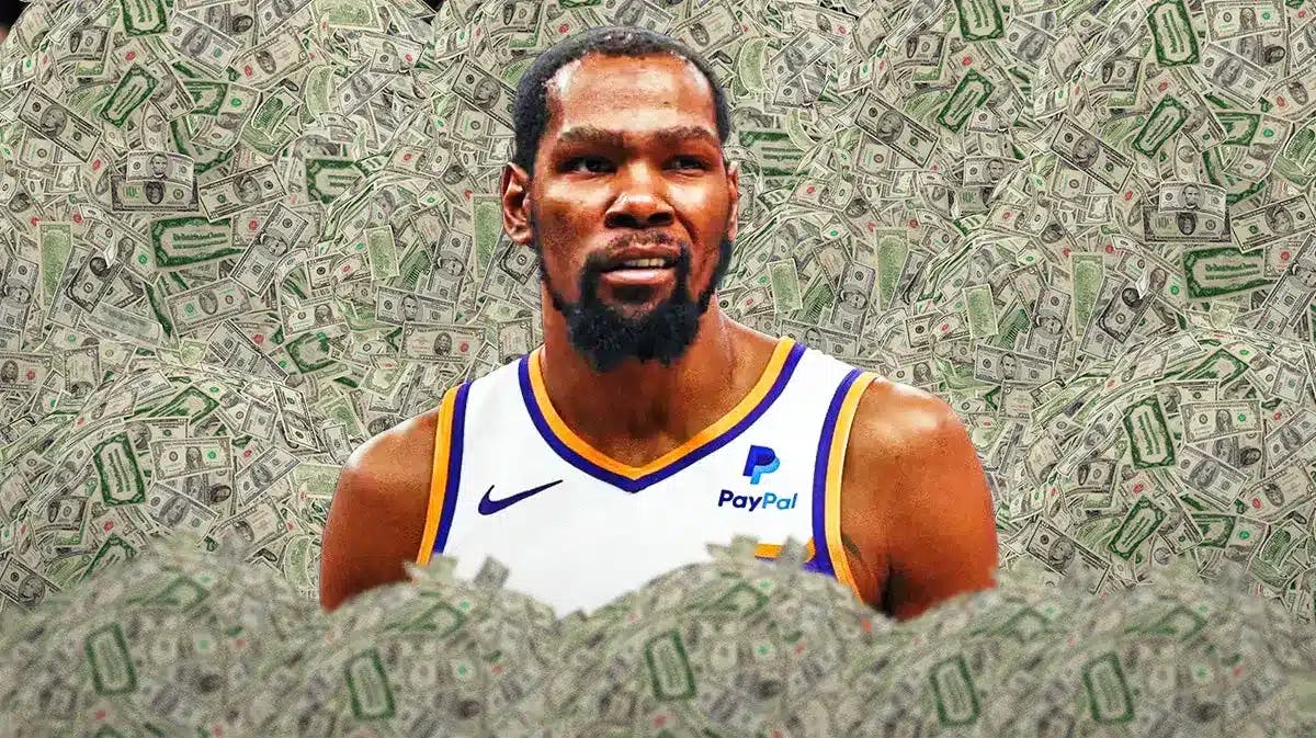 Kevin Durant surrounded by piles of cash.