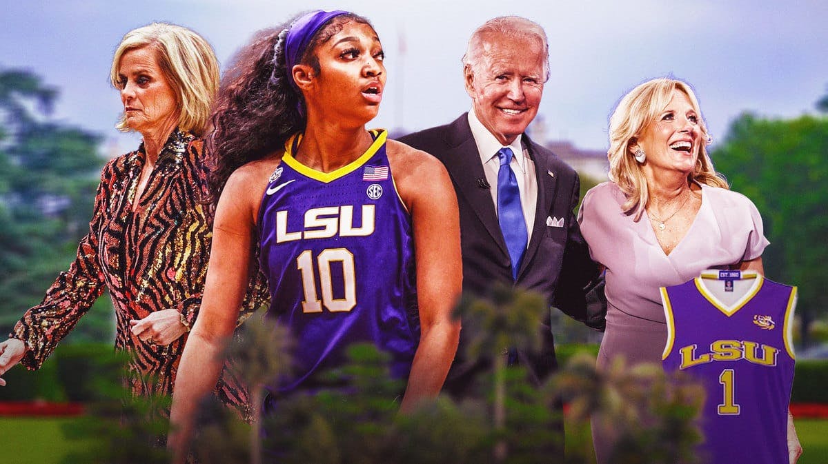 LSU women’s basketball player Angel Reese standing next to LSU women’s basketball coach Kim Mulkey on one side of the image. On the other side of the image is President Joe Biden and his wife, Jill Biden, holding their custom LSU basketball jersey’s given to them by Reese. The White House is the background.
