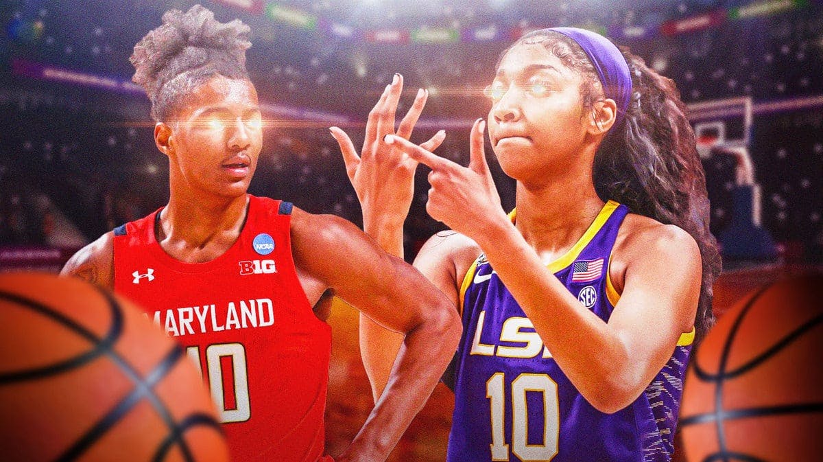 LSU women’s basketball Angel Reese and Maryland basketball’s Julian Reese in the foreground with a basketball court in the background, both of Angel Reese and Julian Reese have the red laser eyes.