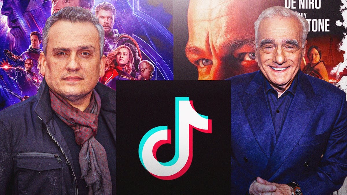 MCU director Joe Russo and Martin Scorsese in front of posters of Avengers: Endgame and Killers of the Flower Moon with TikTok logo.