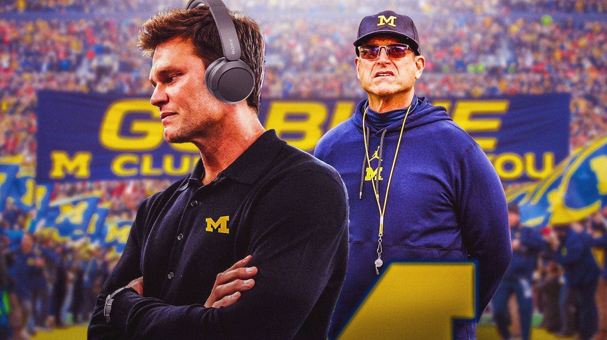 Tom Brady wearing a Michigan football shirt and a headset. Michigan football’s Jim Harbaugh in background