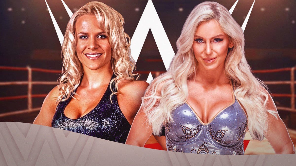 Molly Holly next to Charlotte Flair with the WWE logo as the background.