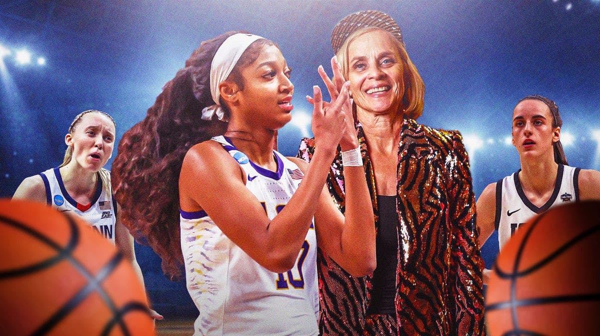 LSU women’s basketball head coach Kim Mulkey and Angel Reese in the foreground celebrating, behind Mulkey and Reese, somewhat smaller, Caitlin Clark and Paige Bueckers with annoyed expressions