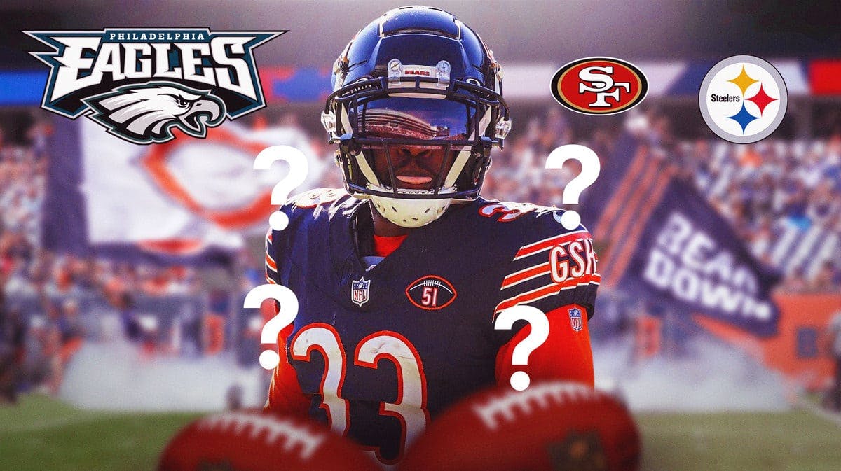Jaylon Johnson in the middle in a Bears jersey with question marks around him. 49ers, Eagles and Steelers logos at the top of the image