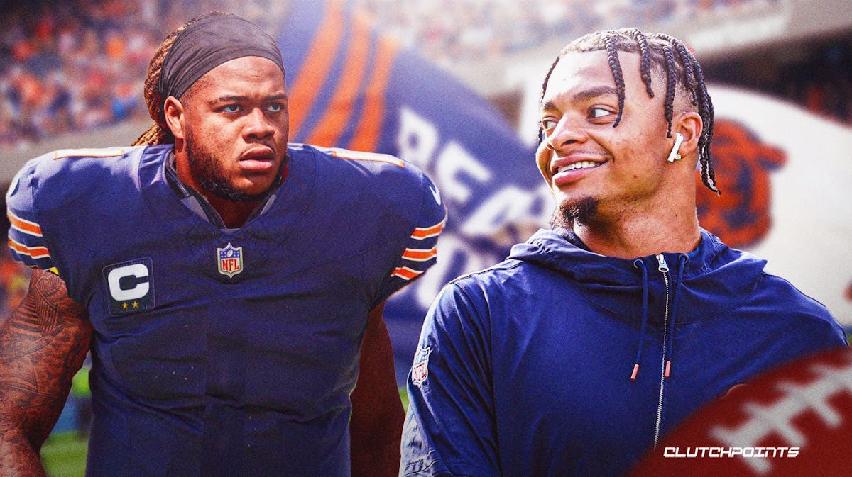 Chase Young in a Bears uniform. Place Bears' Justin Fields smiling next to him.