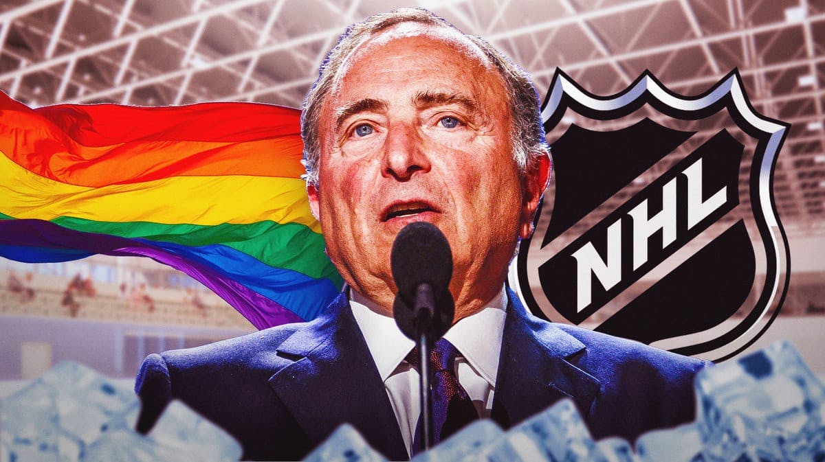 Gary Bettman with the NHL logo and a pride flag