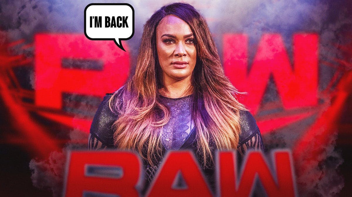 Nia Jax with a text bubble reading “I’m back” with the RAW logo as the background.