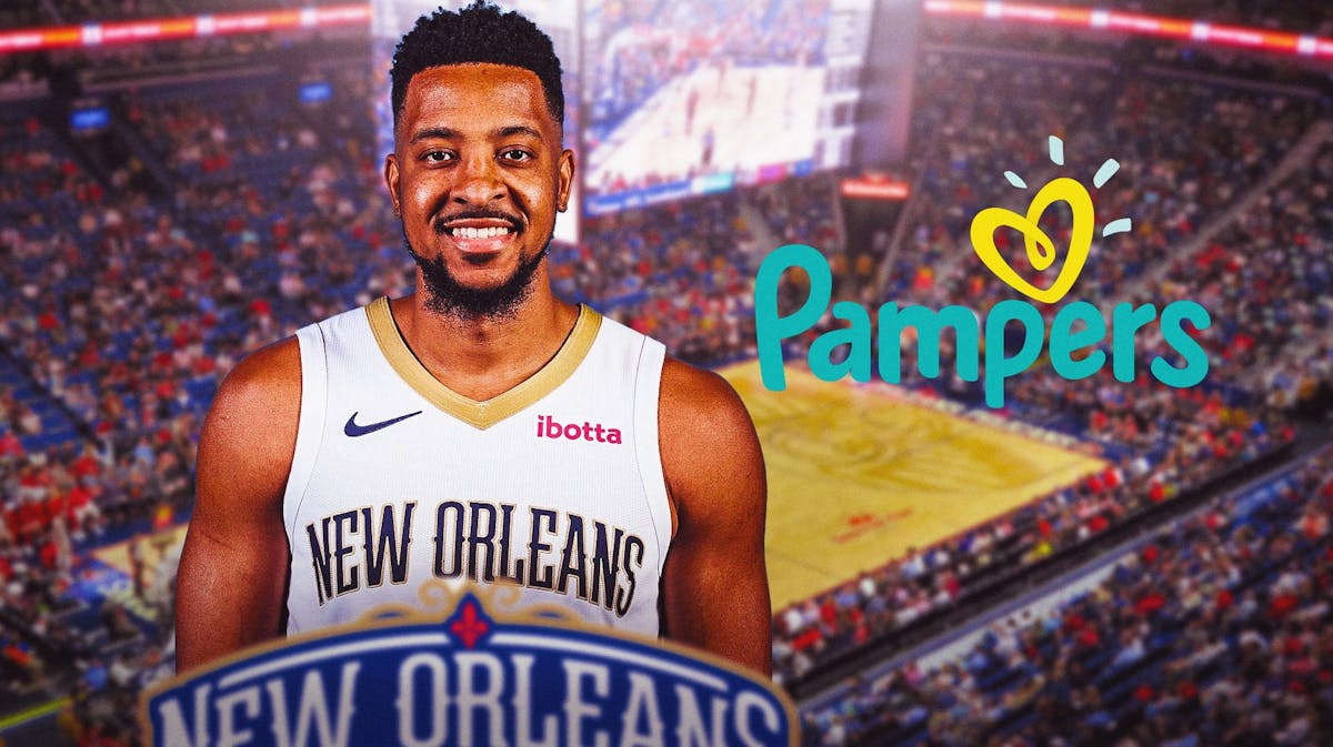 Pelicans' CJ McCollum smiling next to the Pampers diapers logo