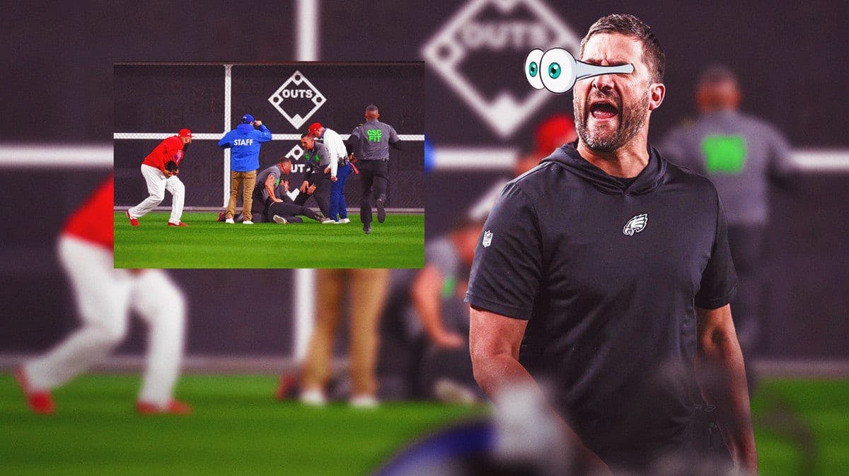 Philadelphia Eagles head coach Nick Sirianni looking at the commotion following a Philadelphia Phillies tackle in Game 2 of the NLCS against the Arizona Diamondbacks.