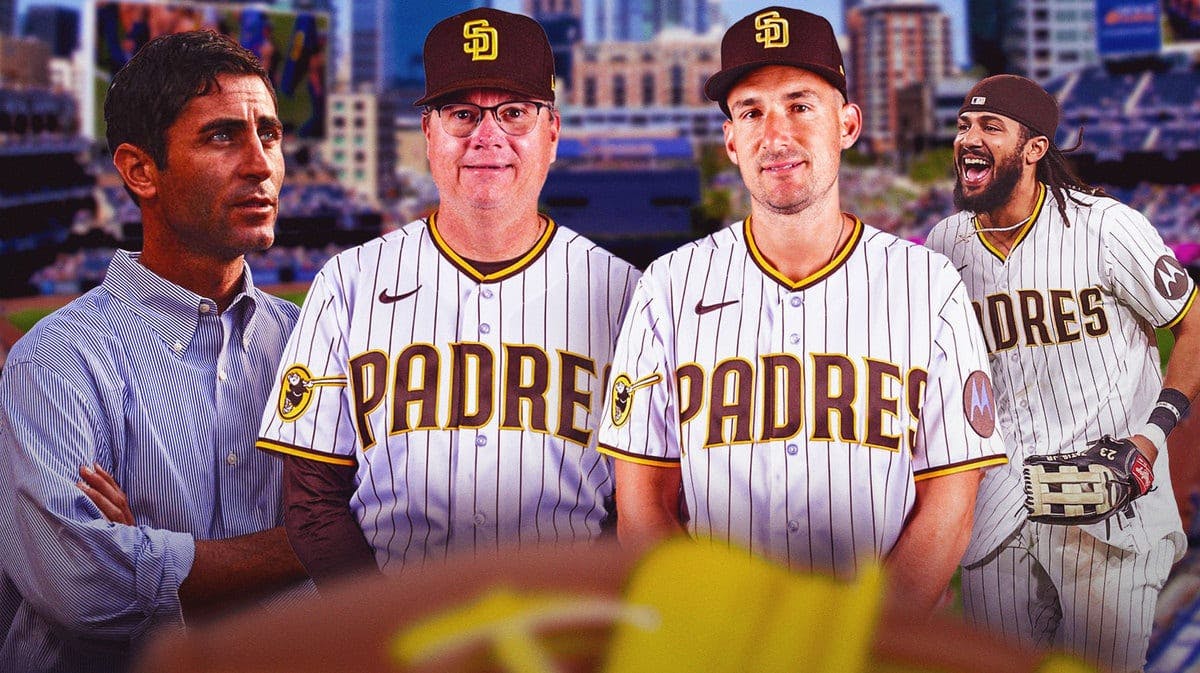 San Diego Padres GM AJ Preller and Fernando Tatis Jr.. looking at Mike Shildt and Ryan Flaherty.