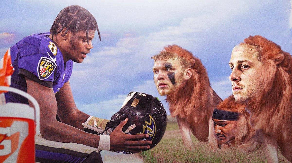 Ravens' Lamar Jackson looking serious while sitting in a chair. Jackson surrounded by lions with faces of Jared Goff, Brian Branch, Aidan Hutchinson.