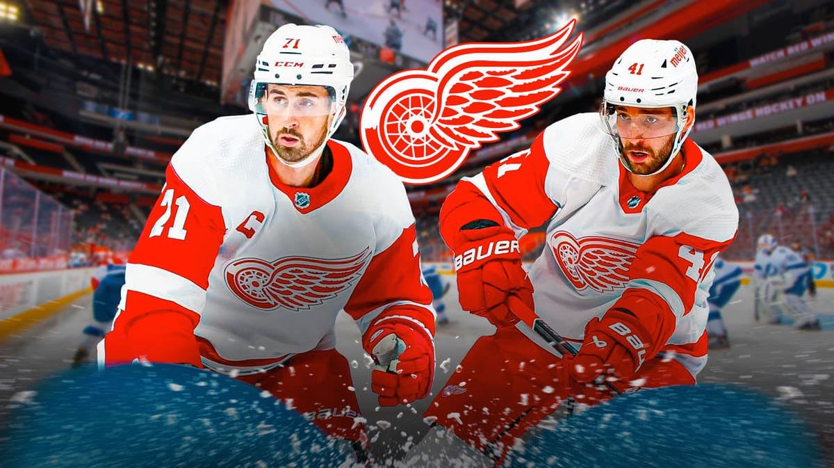 Detroit Red Wings players Dylan Larkin and Shayne Gostisbehere at Little Caesars Arena