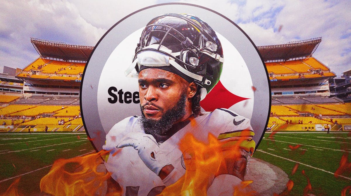 Diontae Johnson in middle of image looking happy with fire around him, PIT Steelers logo, football field