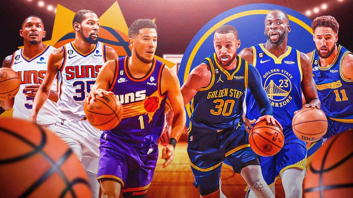 Devin Booker, Kevin Durant, Bradley Beal, Suns logo vs. Steph Curry, Draymond Green, Klay Thompson, Warriors logo