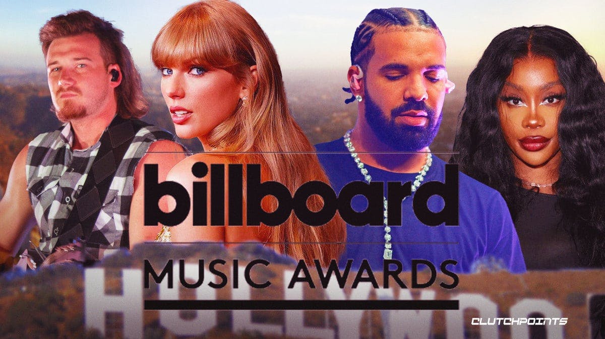 Taylor Swift, Drake, SZA and Morgan Wallen standing behind the logo for the Billboard Music Awards