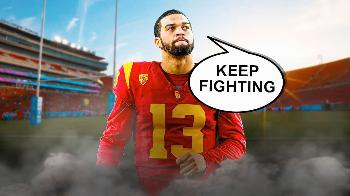 USC quarterback Caleb Williams and a speech bubble “Keep Fighting”