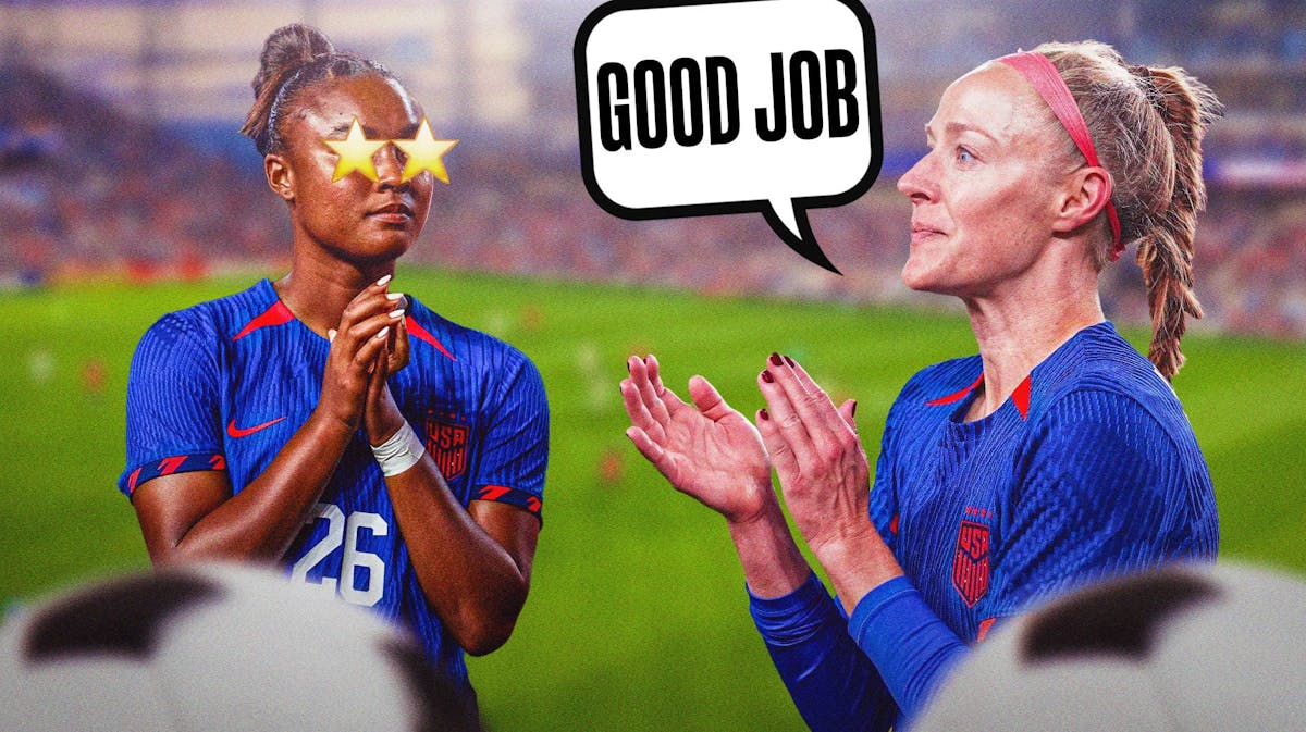 USWNT player Becky Sauerbrunn on one side of the image with a text bubble saying “good job” with Jaedyn Shaw on the the side with stars in her eyes both standing on a soccer pitch with close up of soccer balls in the foreground