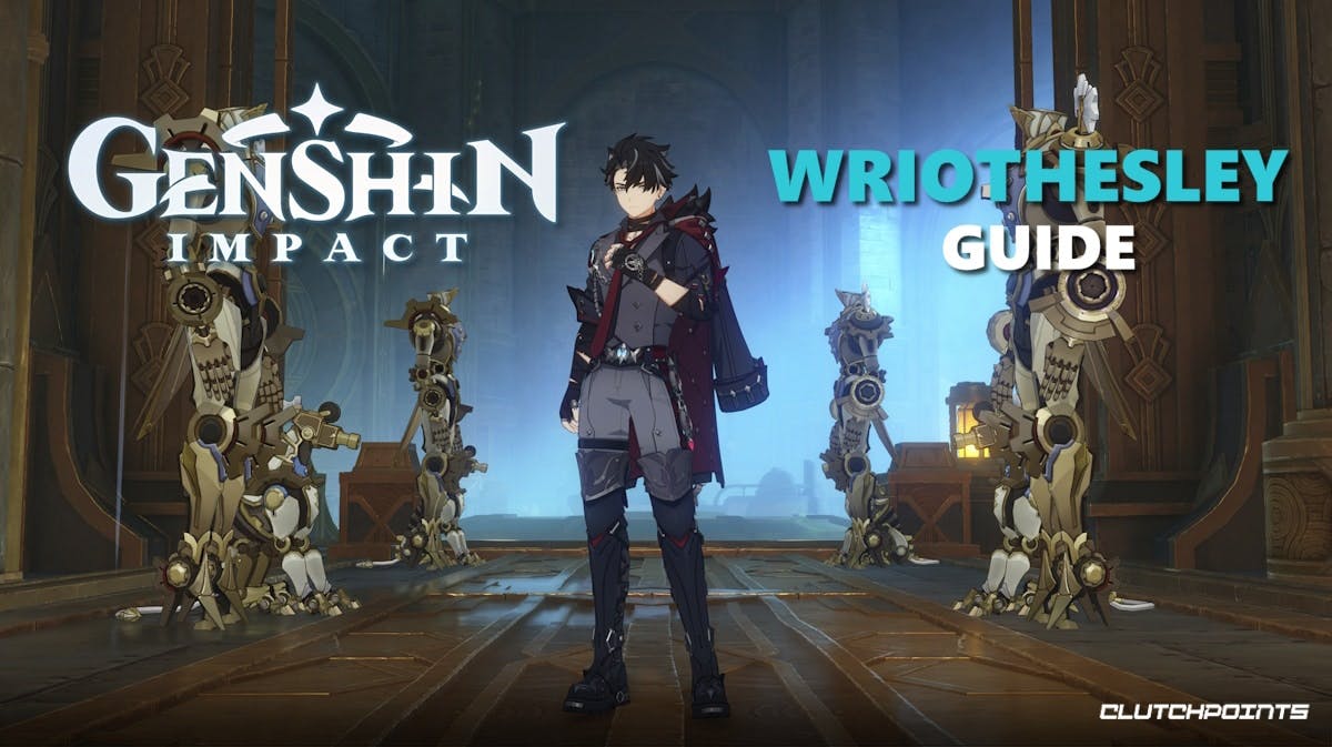 A screenshot of the Genshin Imapct character Writothesley with the game logo to the left and the text Wriothesley Guide to the right,wriothesley build, wriothesley genshin impact, wriothesley, wriothesley weapon, wriothesley artifacts