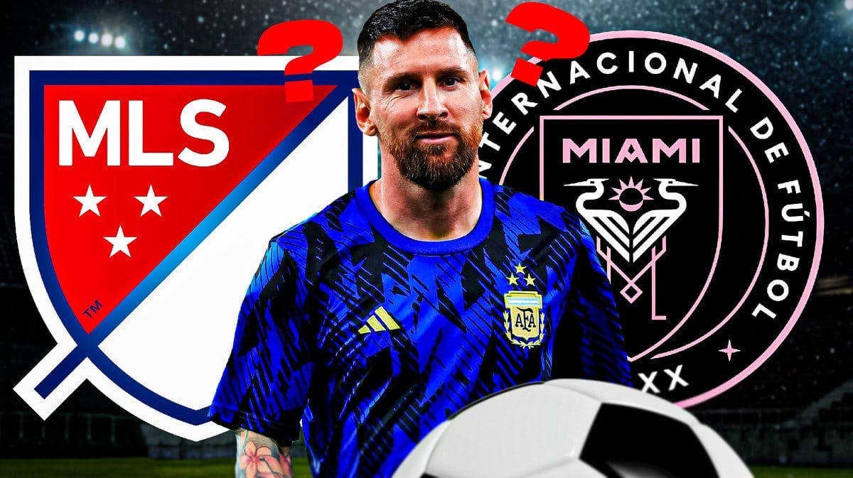 Lionel Messi in front of the MLS and Inter Miami logos, questionmarks in the air