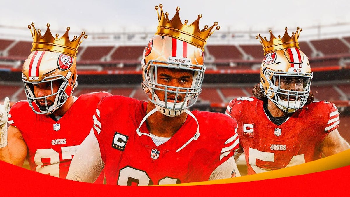 Arik Armstead, Nick Bosa, and Fred Warner with crowns on their heads.