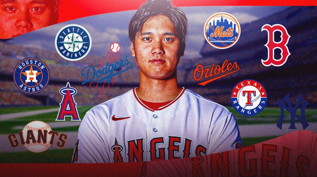 Shohei Ohtani in an Angels uniform. Need 10 different team logos surrounding him.