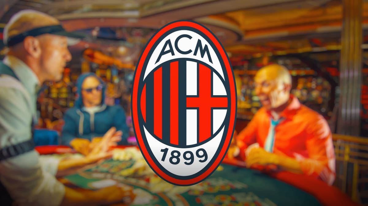 A person playing in a casino( not visible who/we see him from the back) the AC Milan logo on the wall