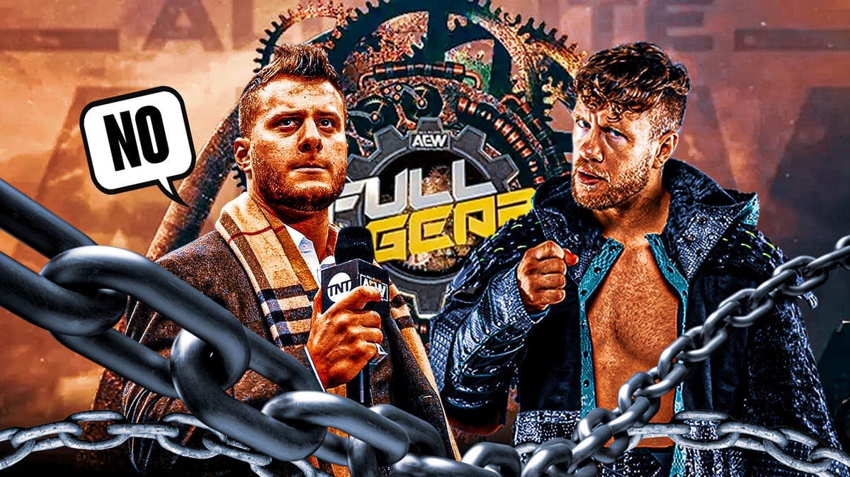 MJF with a text bubble reading “No” next to Will Ospreay with the AEW Full Gear logo as the background.