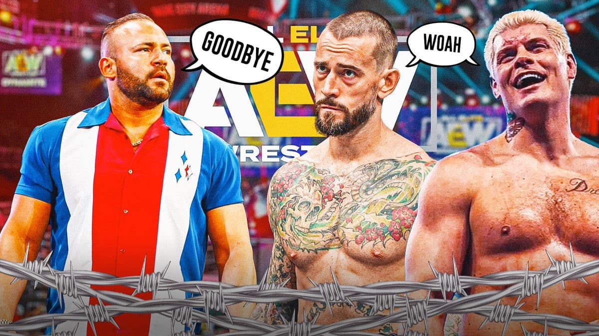 QT Marshall with a text bubble reading “Goodbye” next to CM Punk and Cody Rhodes with a shared text bubble reading “Whoa” with the AEW logo as the background.