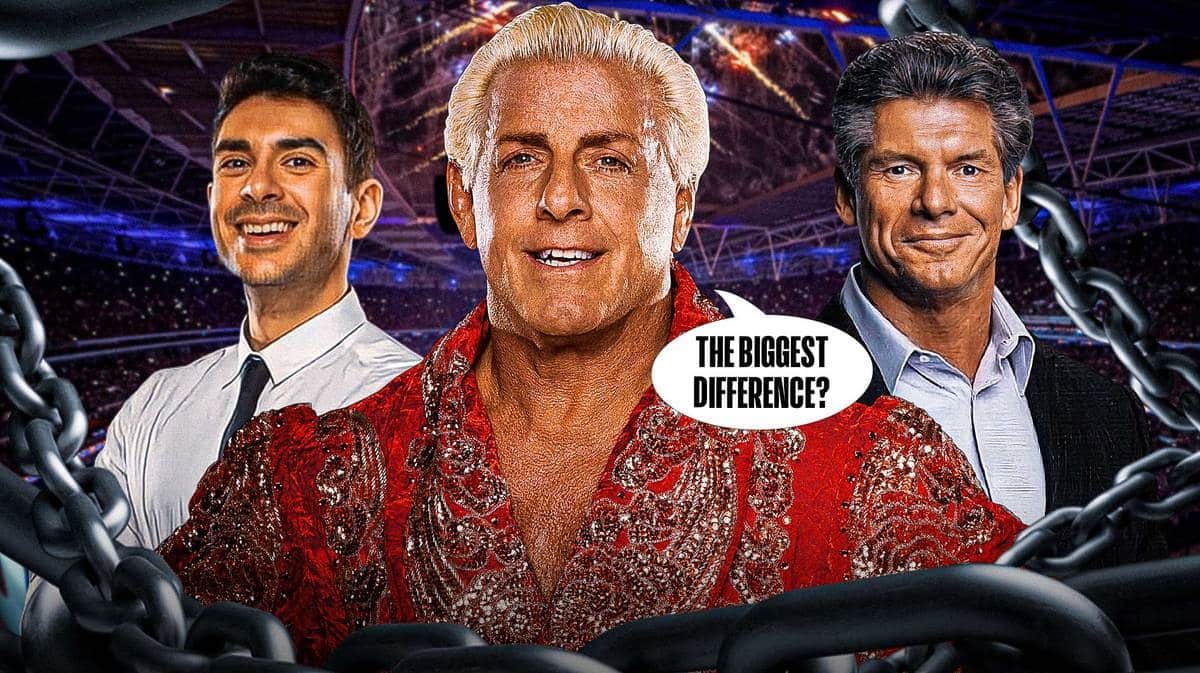 Ric Flair with a text bubble reading “The biggest difference?” with Tony Khan on his left and Vince McMahon on his right.