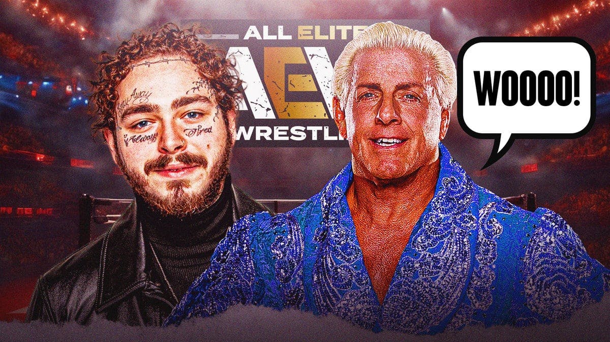 Ric Flair with a text bubble reading “Woooo!” next to Post Malone with the AEW logo as the background.