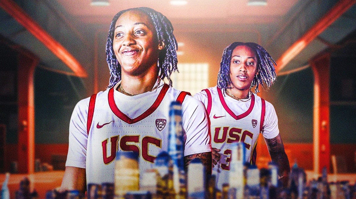 University of Souther California women’s basketball player Aaliyah Gayles playing basketball in USC uniform