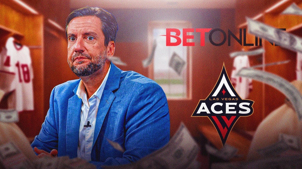 Clay Travis and the BetOnline logo with money around the image, next to the Las Vegas Aces symbolizing the $1 million bet