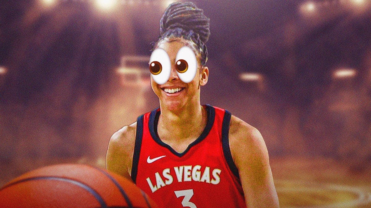 Las Vegas Aces player Candace Parker in her Aces uniform, with the big eye emojis as if looking at a basketball