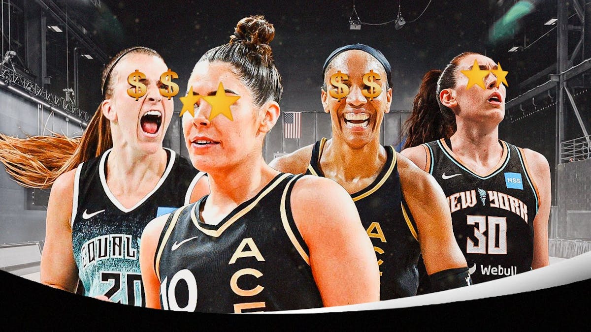 Las Vegas Aces player Kelsey Plum with stars in her eyes in the center as the main focus. Behind Plum should be cutouts of other WNBA players like Aces'' A’ja Wilson, New York Liberty’s Sabrina Ionescu, Liberty’s Breanna Stewart, Aces' Candace Parker, some with star emojis in their eyes and others with dollar sign emojis in their eyes
