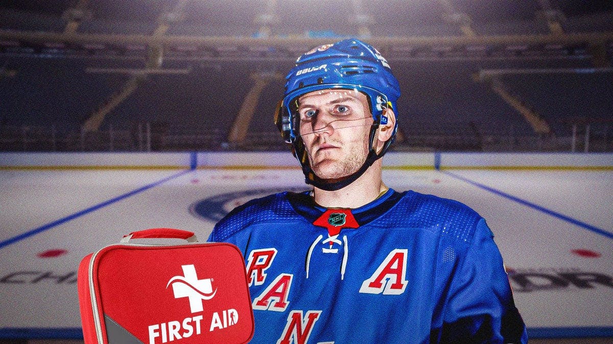 Adam Fox in image looking stern, first aid kit, hockey rink in background, NY Rangers logo