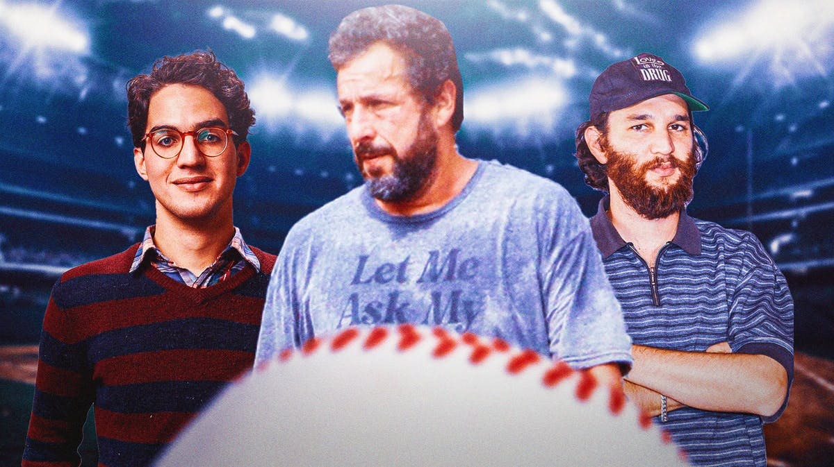 Safdie Brothers (Josh and Benny) with Adam Sandler between them and baseball background.
