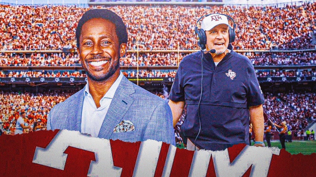 Photo: Desmond Howard with suit on furious, looking at Jimbo Fisher with Texas A&M gear