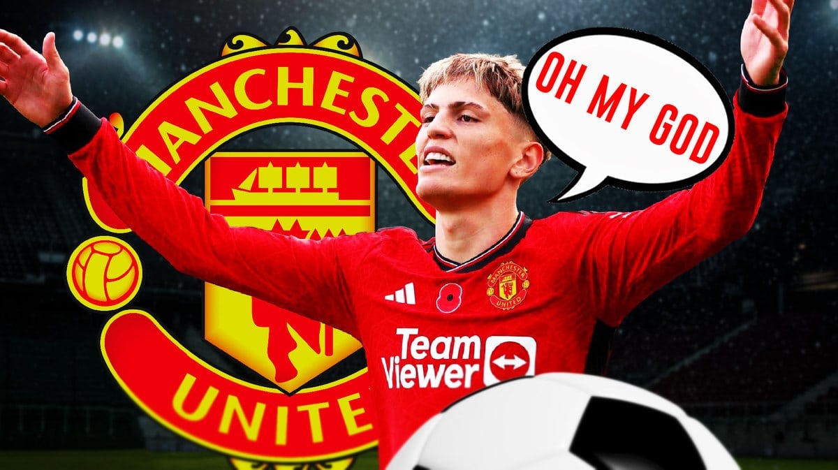 Alejandro Garnacho saying: ‘oh my god’ in front of the Manchester United logo